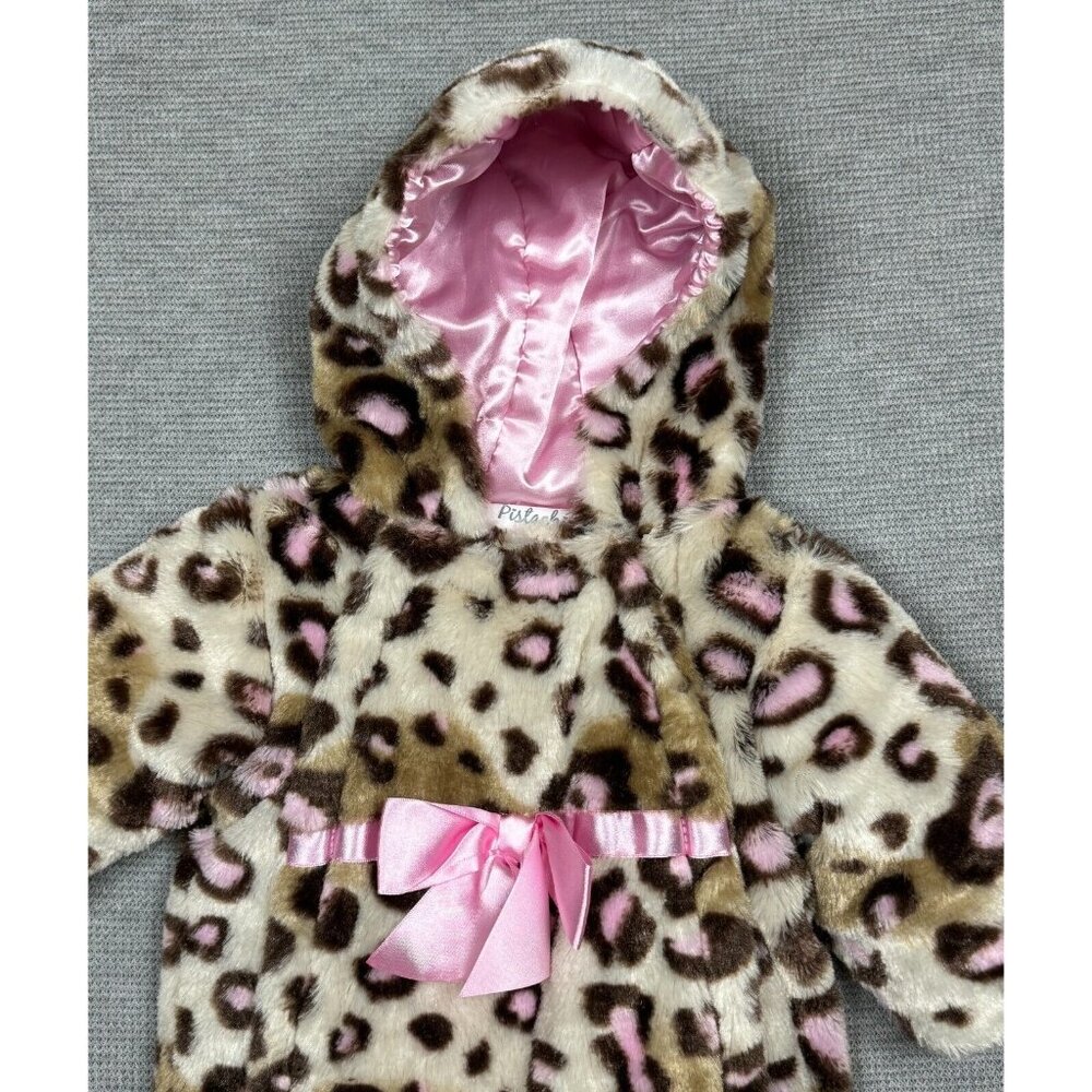 Baby Girls Leopard Print Faux Fur Hooded Bunting Suit 6/9M Satin Bow Lined - Picture 4 of 14